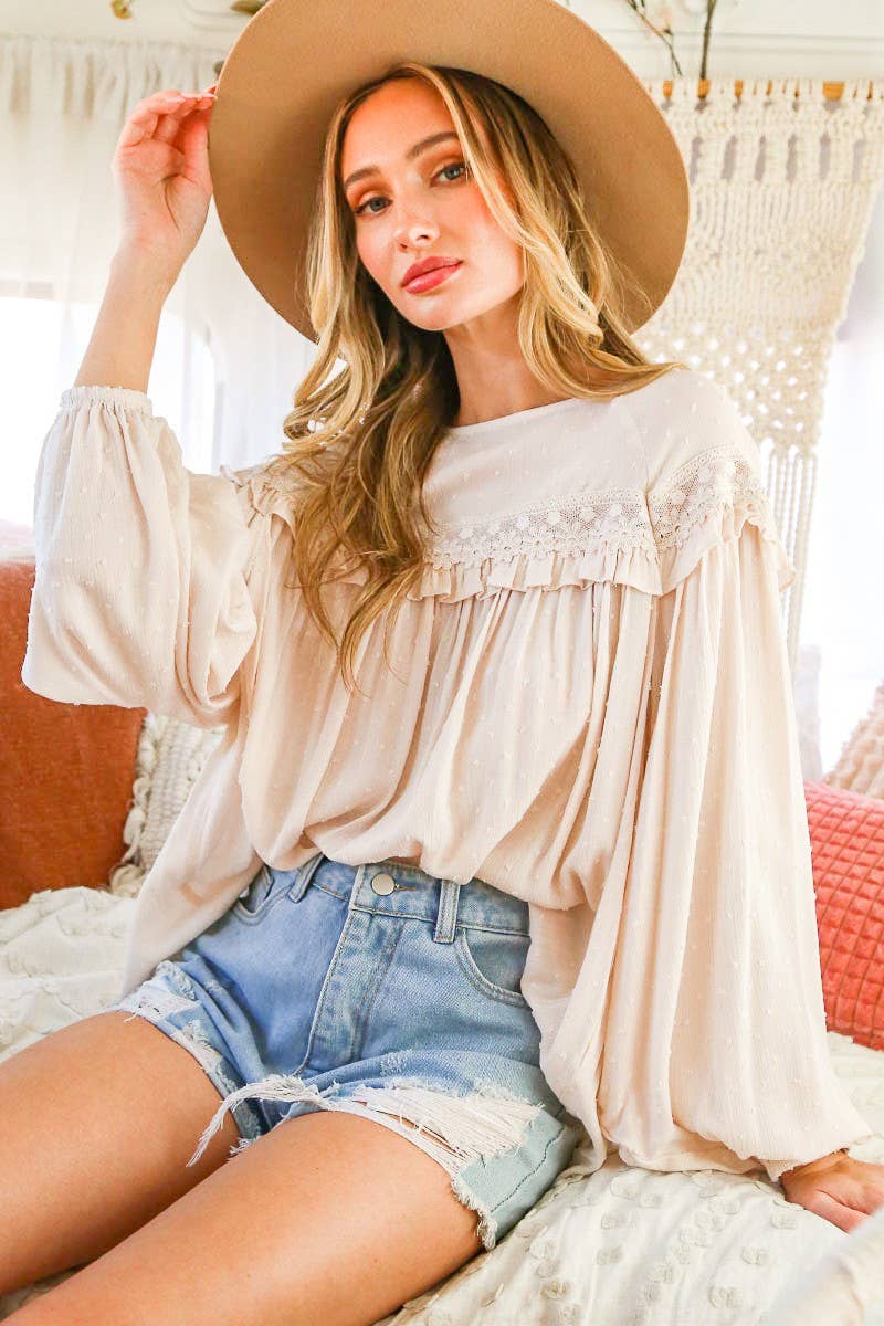 Vine & Love - Natural Lace-Up Back Blouse