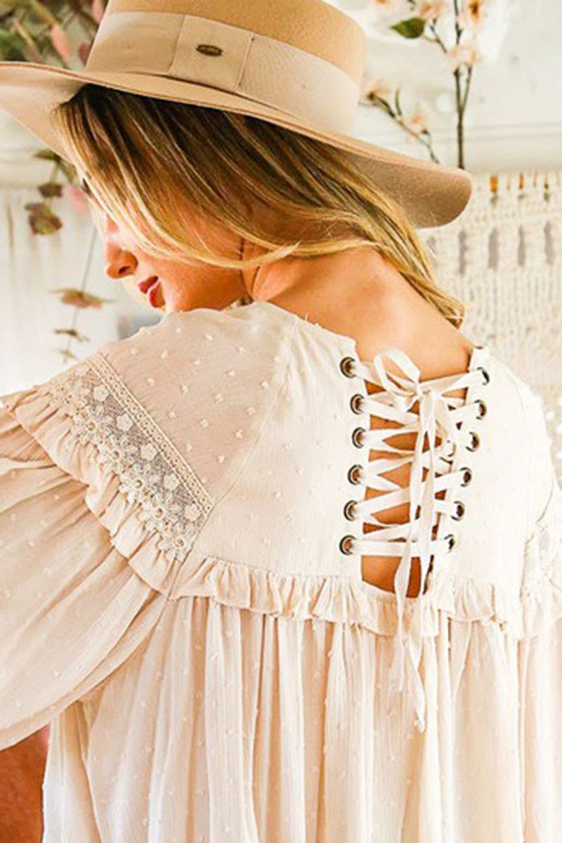 Vine & Love - Natural Lace-Up Back Blouse