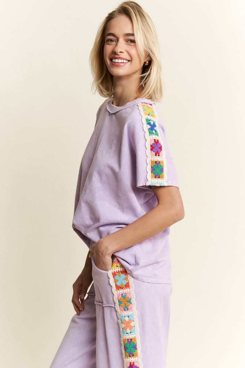 J.Her - Mineral Washed Crochet patch side trim Knit top HT6395: Papaya