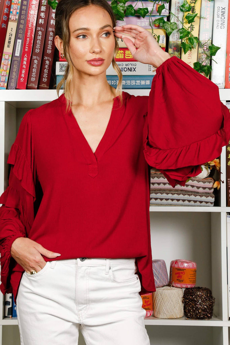 Vine & Love - Burgundy Puff & Ruffle Top