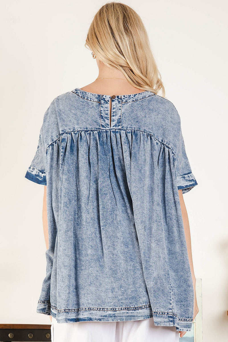 Washed Denim Babydoll Top