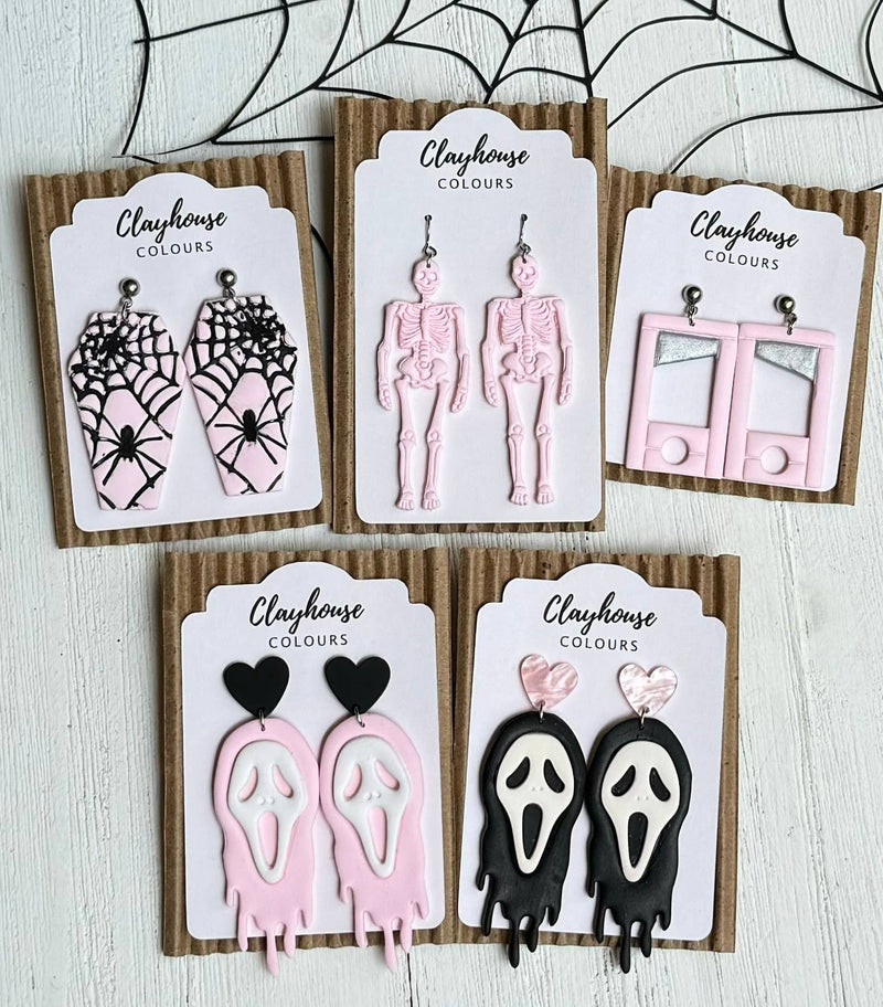 Pink Horror Halloween Earrings: Pink Skeletons