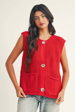 Red Solid Buttoned Sweater Vest