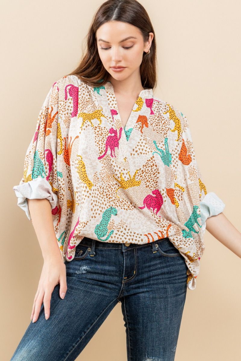 Yellow Multi Cheetah Print V-Neck Blouse