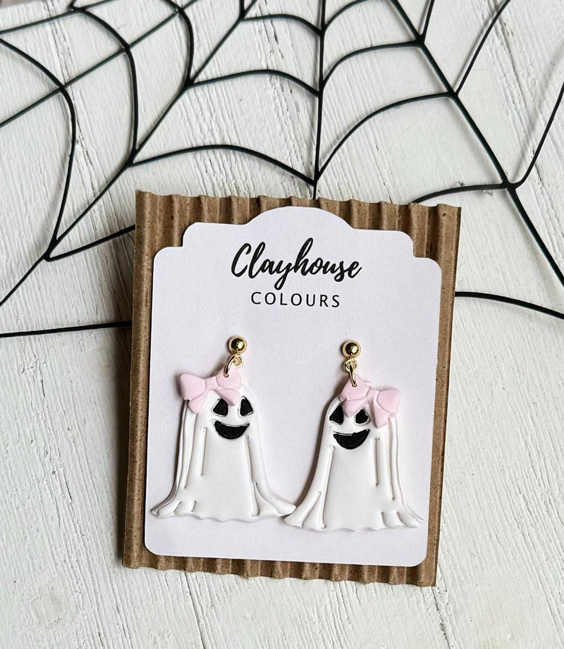 Pink Halloween Earrings: Ghost with Pumpkins