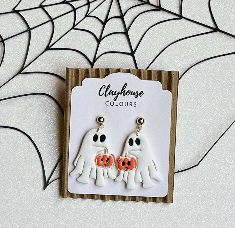 Halloween Earrings : Ghost with pumpkins