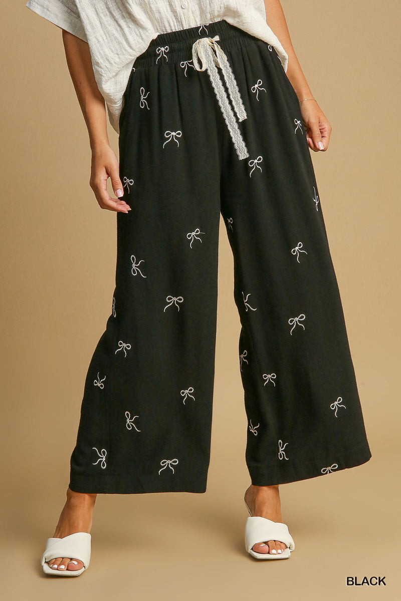 Umgee Bow Embroidered Linen Pull-On Pants - Black