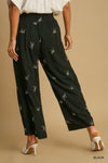 Umgee Bow Embroidered Linen Pull-On Pants - Black