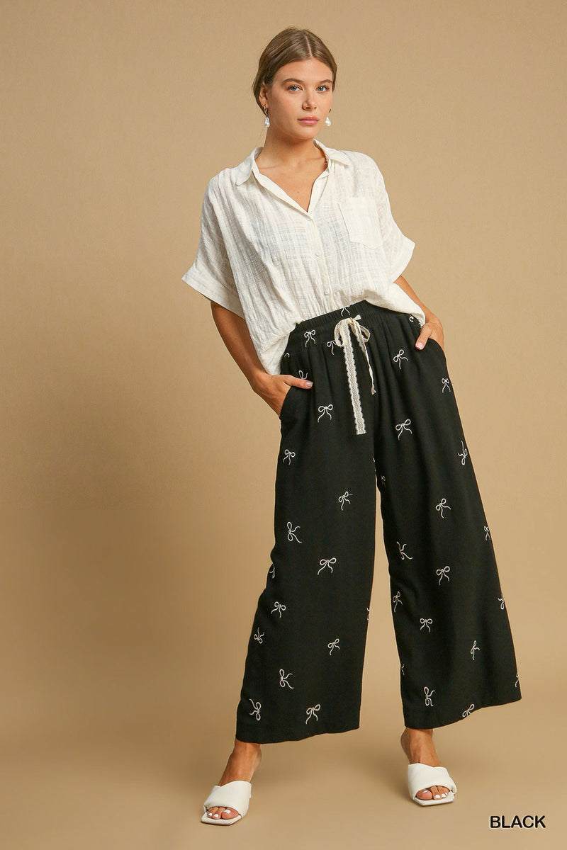 Umgee Bow Embroidered Linen Pull-On Pants - Black