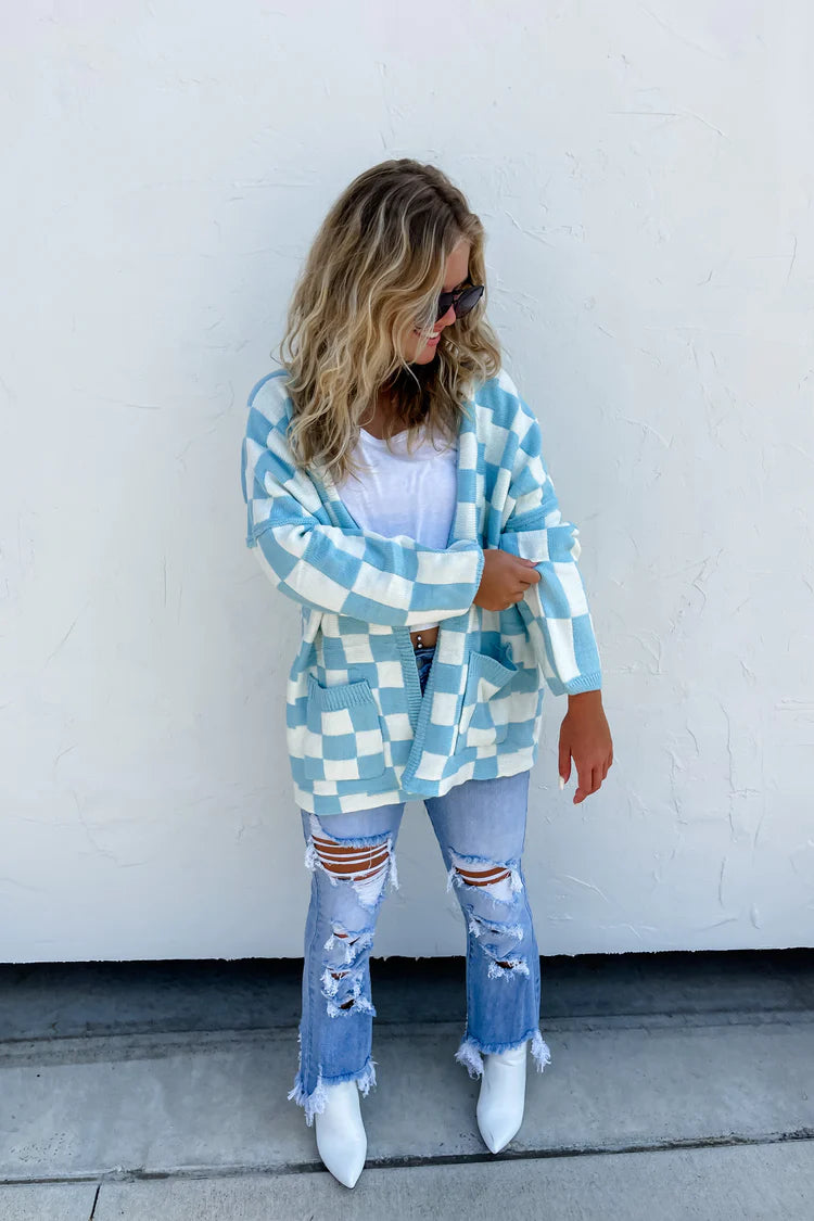 Beverly Checkered Cardigan - Raider Blue