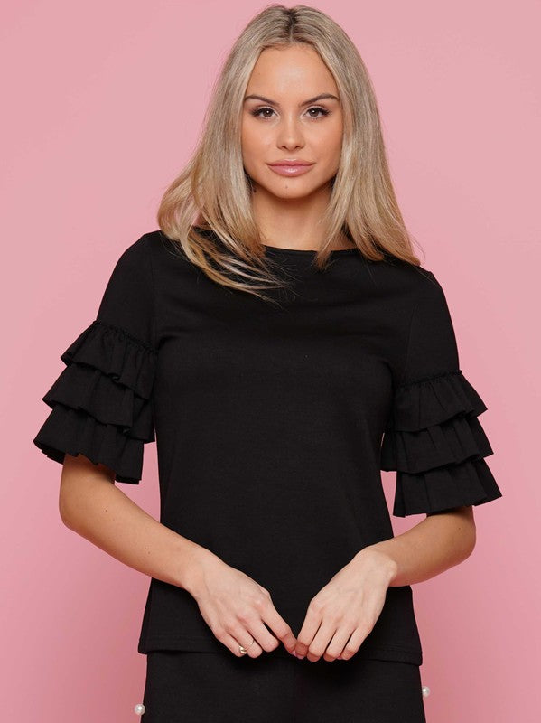 Black Ruffled Sleeve Top