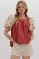 Square Neck Ruffle Sleeve Top - Brick