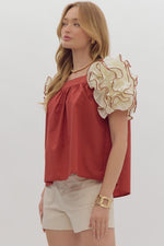 Square Neck Ruffle Sleeve Top - Brick