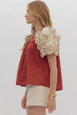 Square Neck Ruffle Sleeve Top - Brick