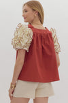 Square Neck Ruffle Sleeve Top - Brick