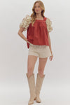 Square Neck Ruffle Sleeve Top - Brick