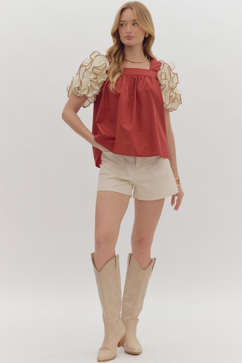 Square Neck Ruffle Sleeve Top - Brick