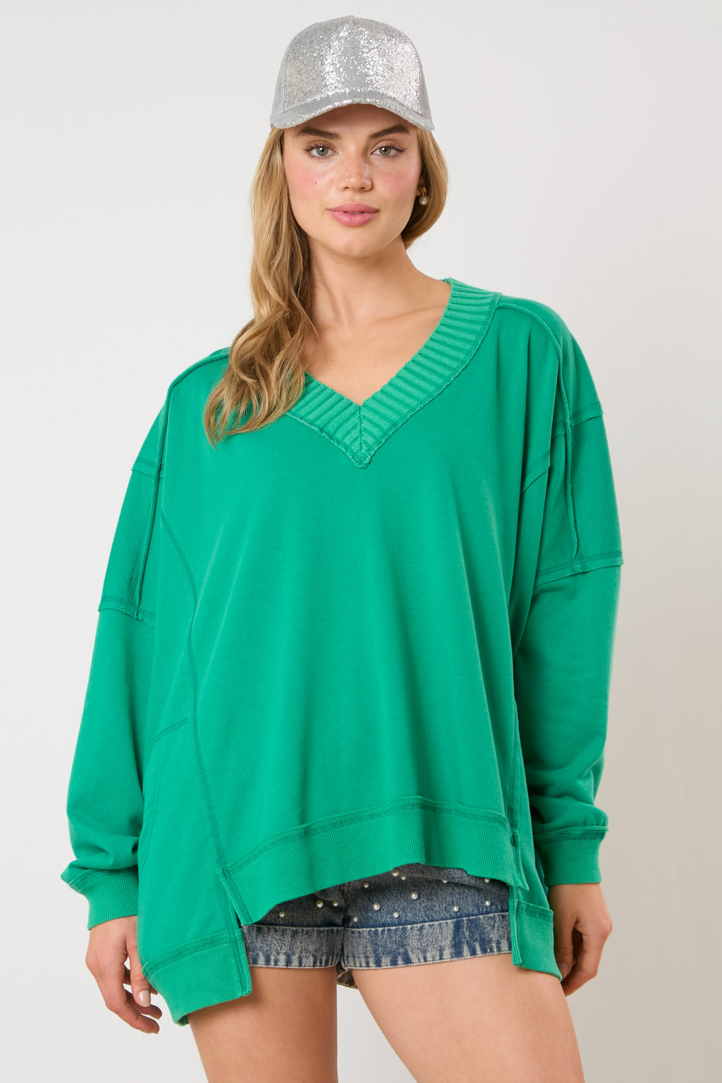 Green V-Neck Sweatshirt Top