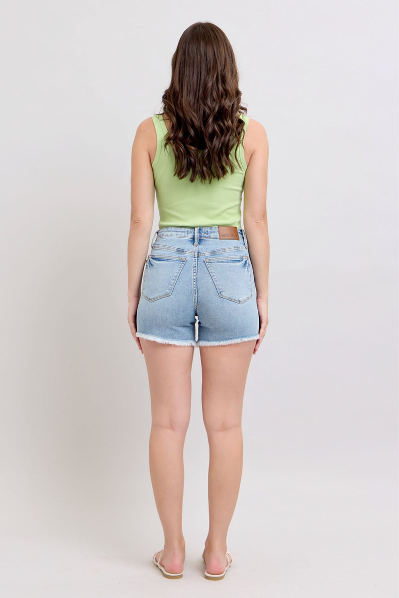 Judy Blue HW Tummy Control Light Destroy & Fray Hem Shorts 150331 1/13/25