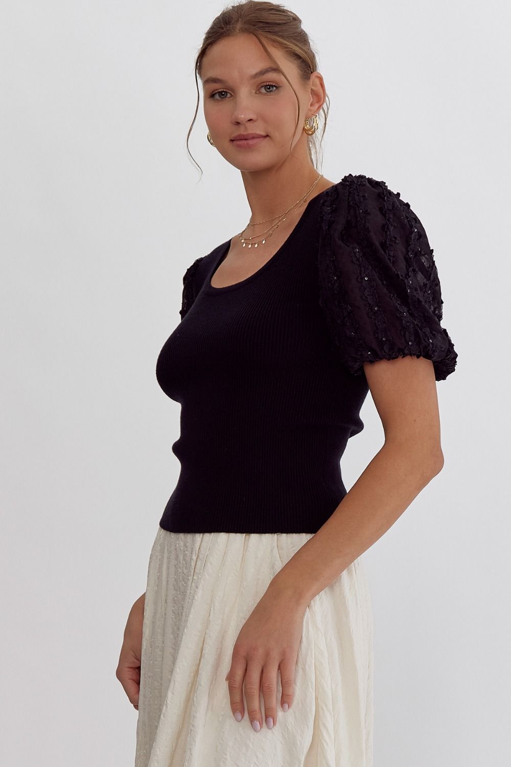 Black Embroidered Puff Sleeve Top