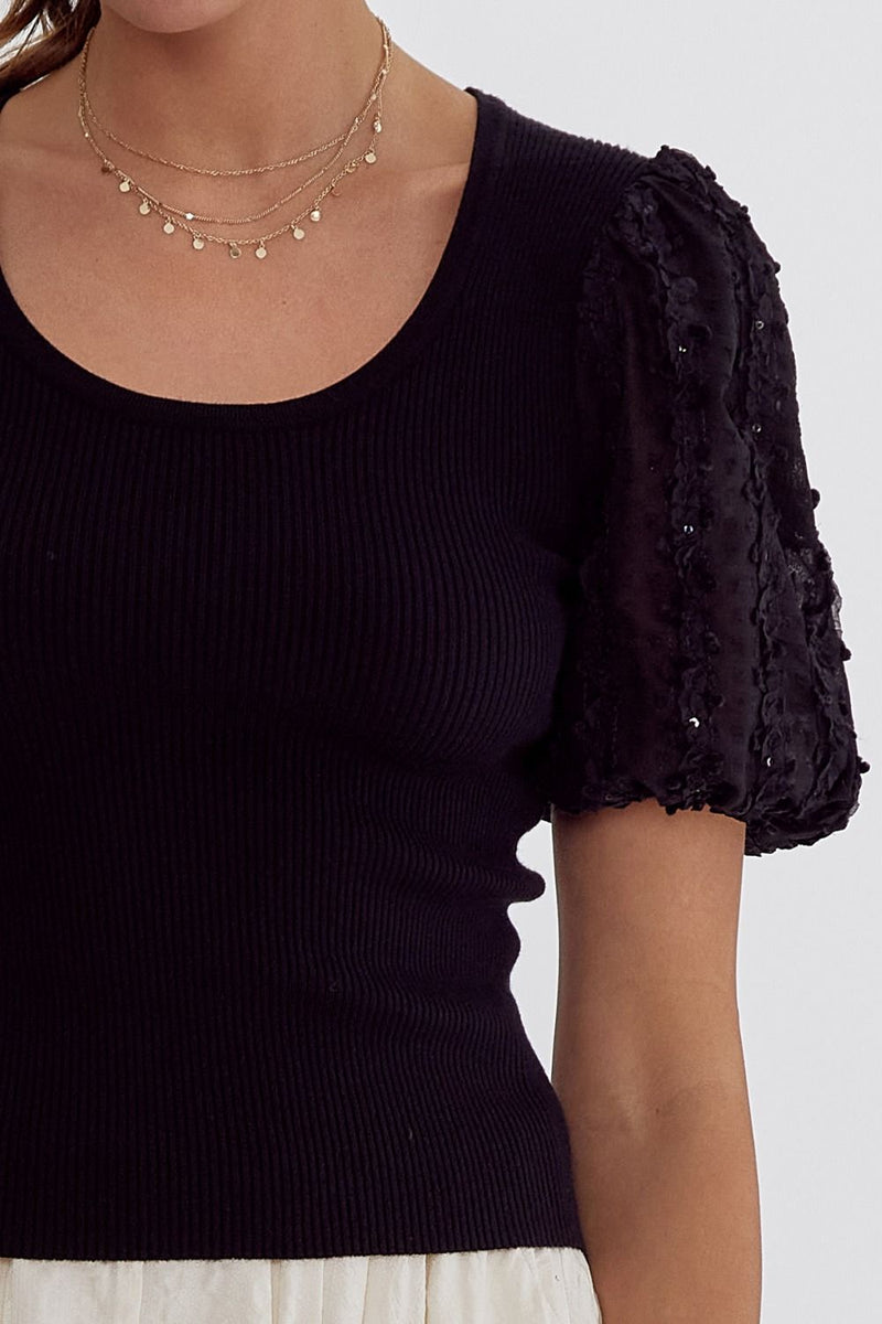 Black Embroidered Puff Sleeve Top