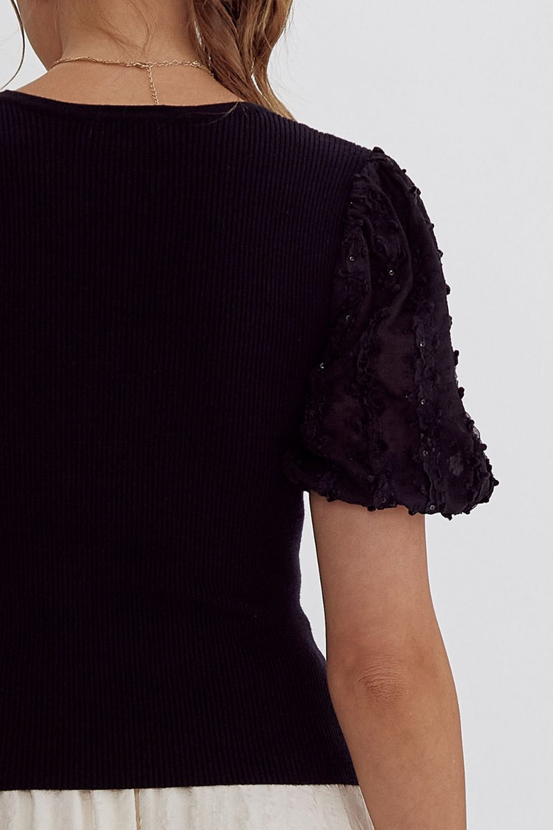 Black Embroidered Puff Sleeve Top