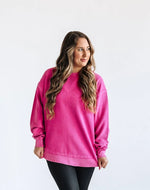 Rounded Bottom Cozy Cord Crew Sweatshirt - Deep Pink