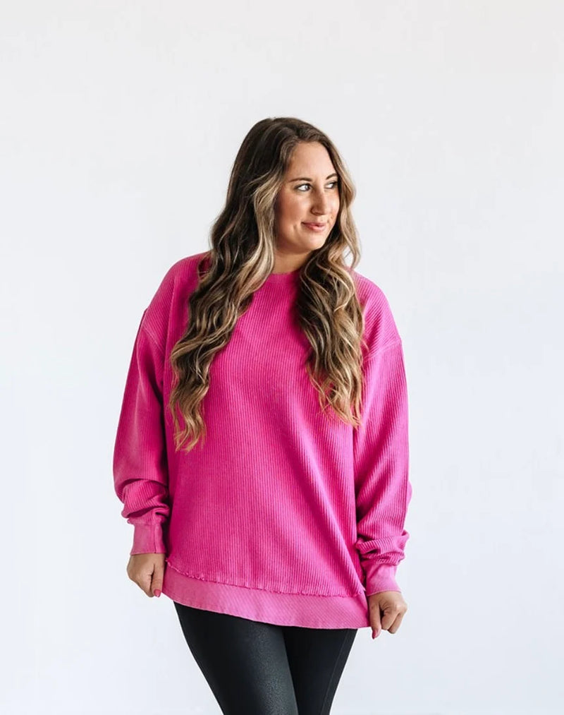 Rounded Bottom Cozy Cord Crew Sweatshirt - Deep Pink