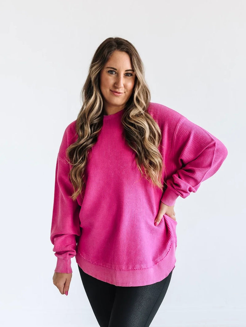 Rounded Bottom Cozy Cord Crew Sweatshirt - Deep Pink