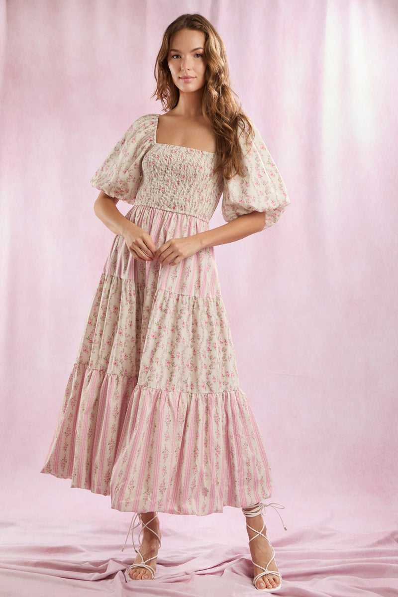 Pink Cotton Floral Bubble Hem Maxi Dress