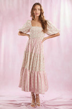 Pink Cotton Floral Bubble Hem Maxi Dress