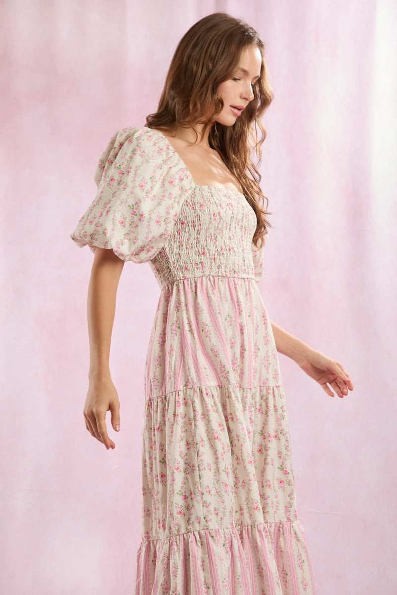 Pink Cotton Floral Bubble Hem Maxi Dress