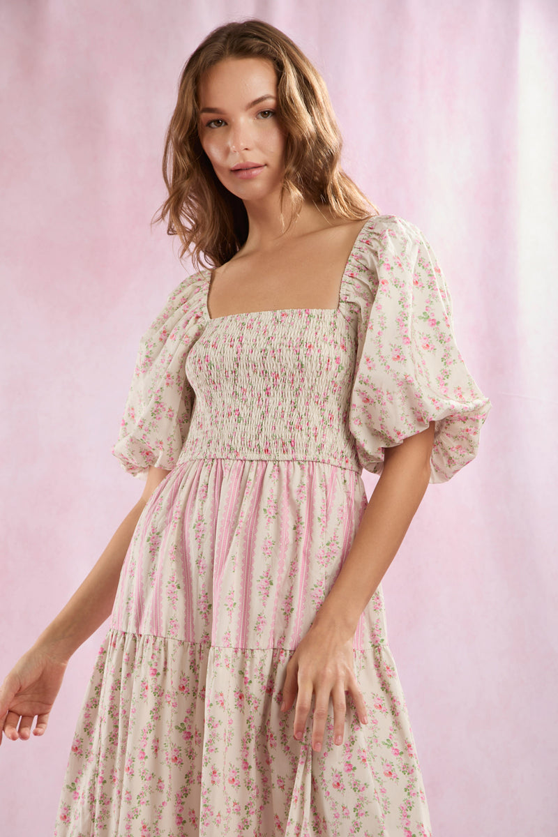 Pink Cotton Floral Bubble Hem Maxi Dress