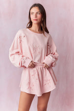 Blush Bow Lace Laser Cut French Terry Top