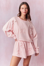 Blush Bow Lace Laser Cut French Terry Top