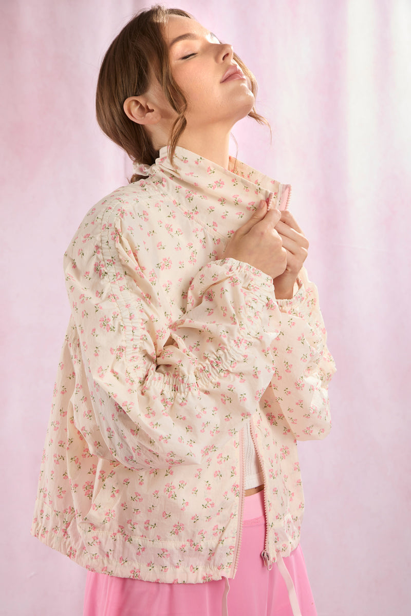 Pink Floral Mesh Windbreaker with Shirring