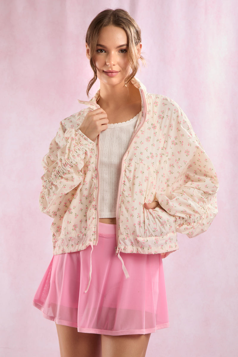 Pink Floral Mesh Windbreaker with Shirring