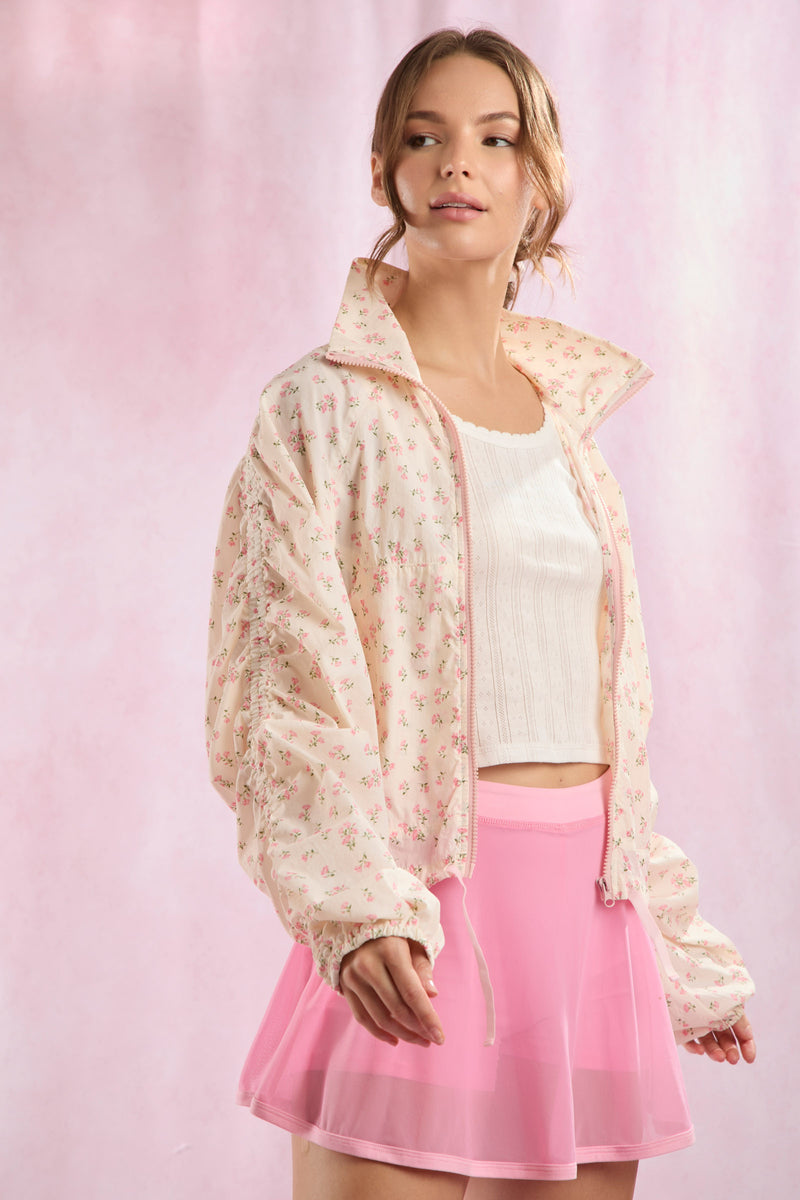 Pink Floral Mesh Windbreaker with Shirring