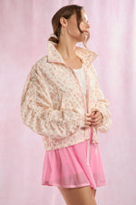 Pink Floral Mesh Windbreaker with Shirring