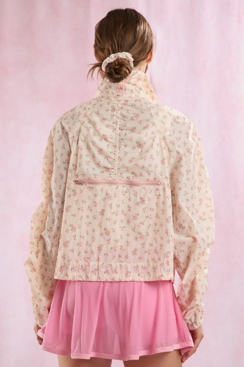 Pink Floral Mesh Windbreaker with Shirring