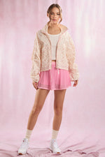 Pink Floral Mesh Windbreaker with Shirring