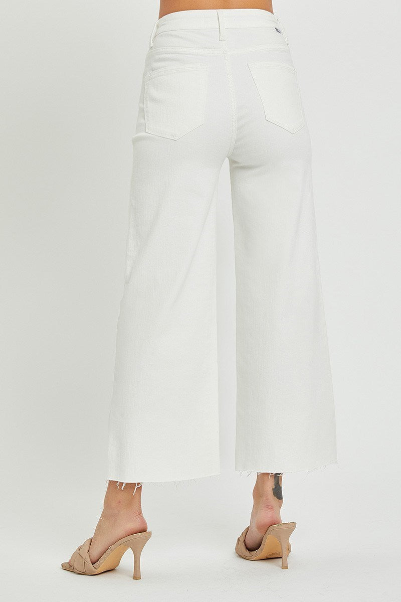 Risen White High Rise Tummy Control Crop Wide Leg Pants RDP5506