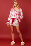 Satin Santa & Bow Prints Pajama Set - Pink