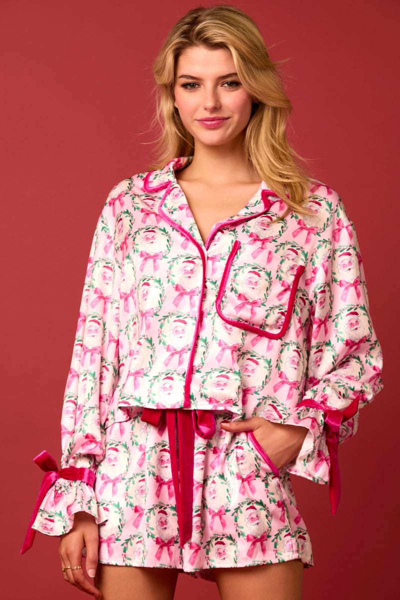 Satin Santa & Bow Prints Pajama Set - Pink