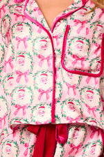 Satin Santa & Bow Prints Pajama Set - Pink