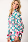 Satin Santa & Bow Prints Pajama Set - Teal