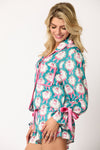 Satin Santa & Bow Prints Pajama Set - Teal