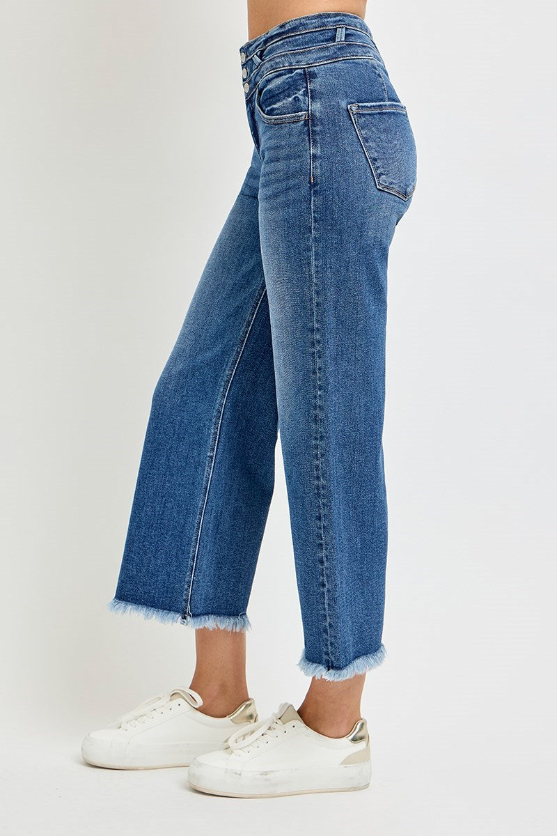 Risen High Rise Crop Wide Wide Band Detail Jeans PWC21028 Dark