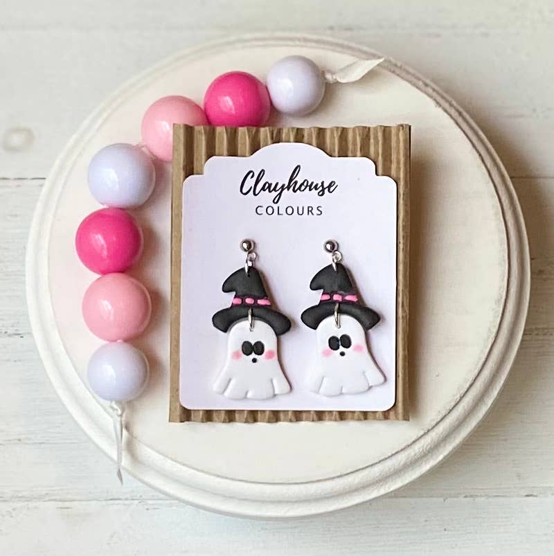 Pink Ghost & Pumpkin Earrings: Silver / Black Hat Ghost