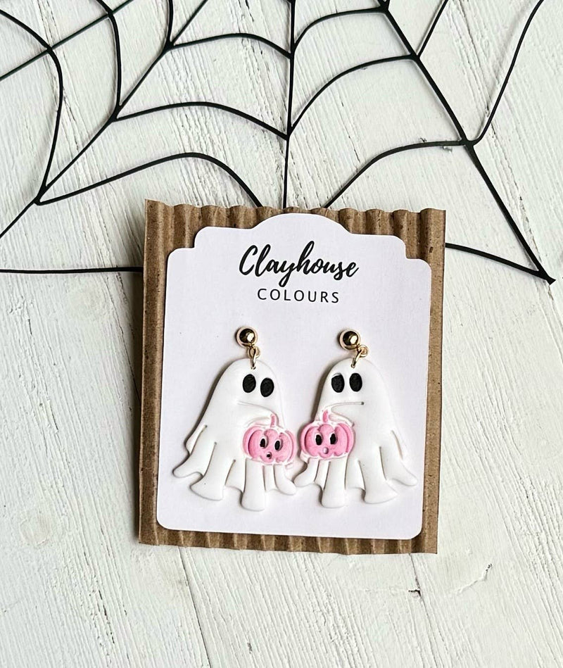 Pink Halloween Earrings: Ghost with Pumpkins